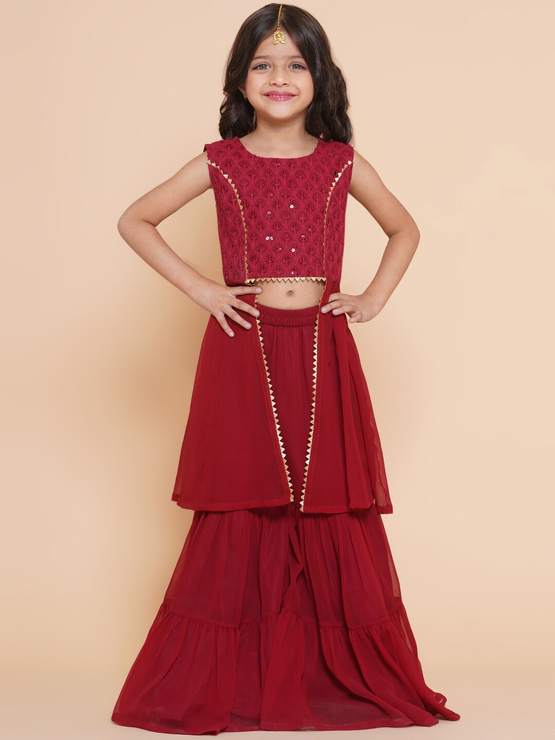 

Bitiya by Bhama Girls Ethnic Motifs Sequinned Kurta with Sharara, Maroon