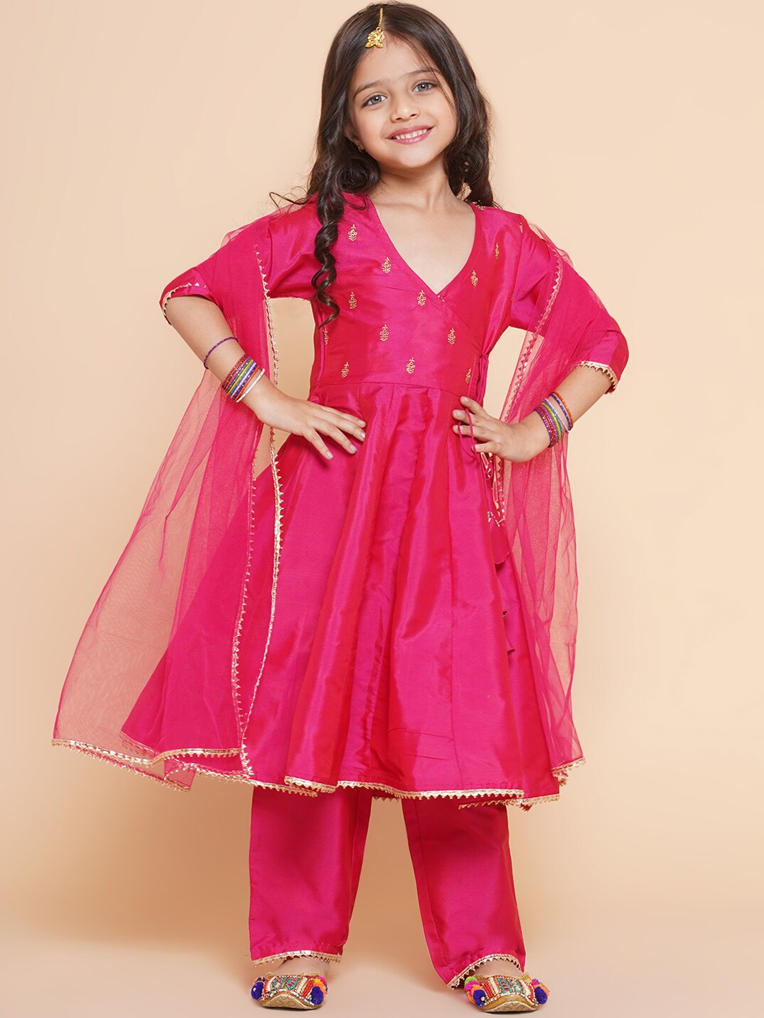

Bitiya by Bhama Girls Embroidered Angrakha Kurta with Trousers & Dupatta, Pink