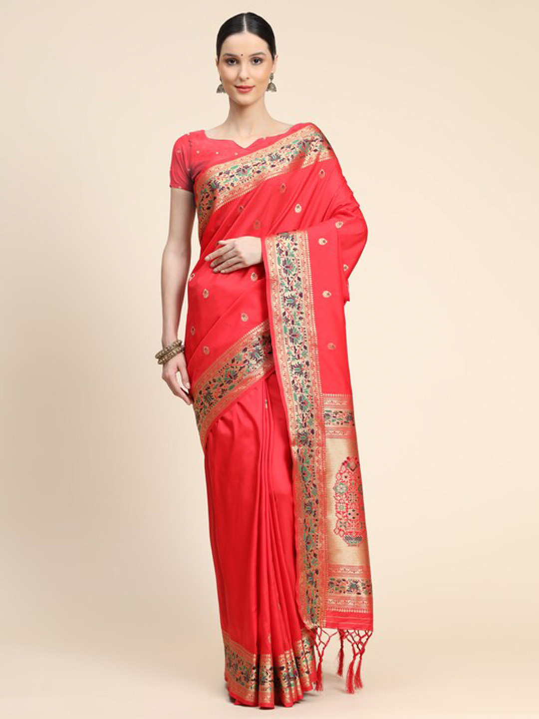 

Exclusiva Ethnic Motifs Zari Silk Blend Paithani Saree, Red