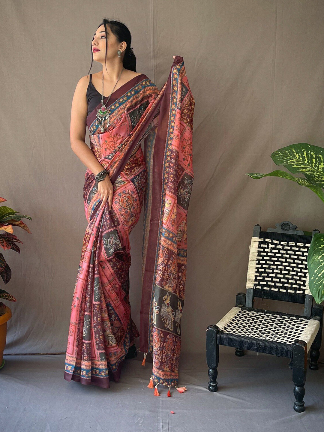 

Exclusiva Kalamkari Printed Pure Cotton Saree, Pink