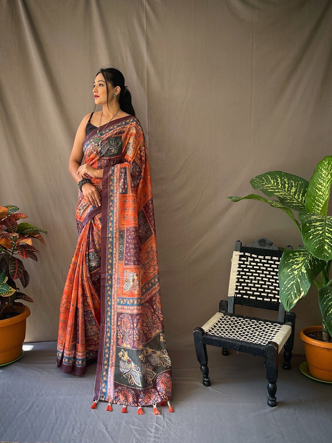 

Exclusiva Kalamkari Pure Cotton Saree, Orange