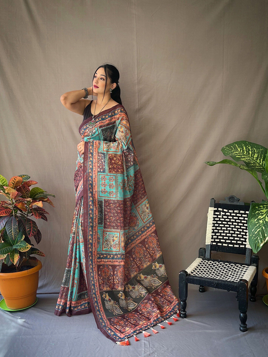 

Exclusiva Kalamkari Pure Cotton Saree, Blue