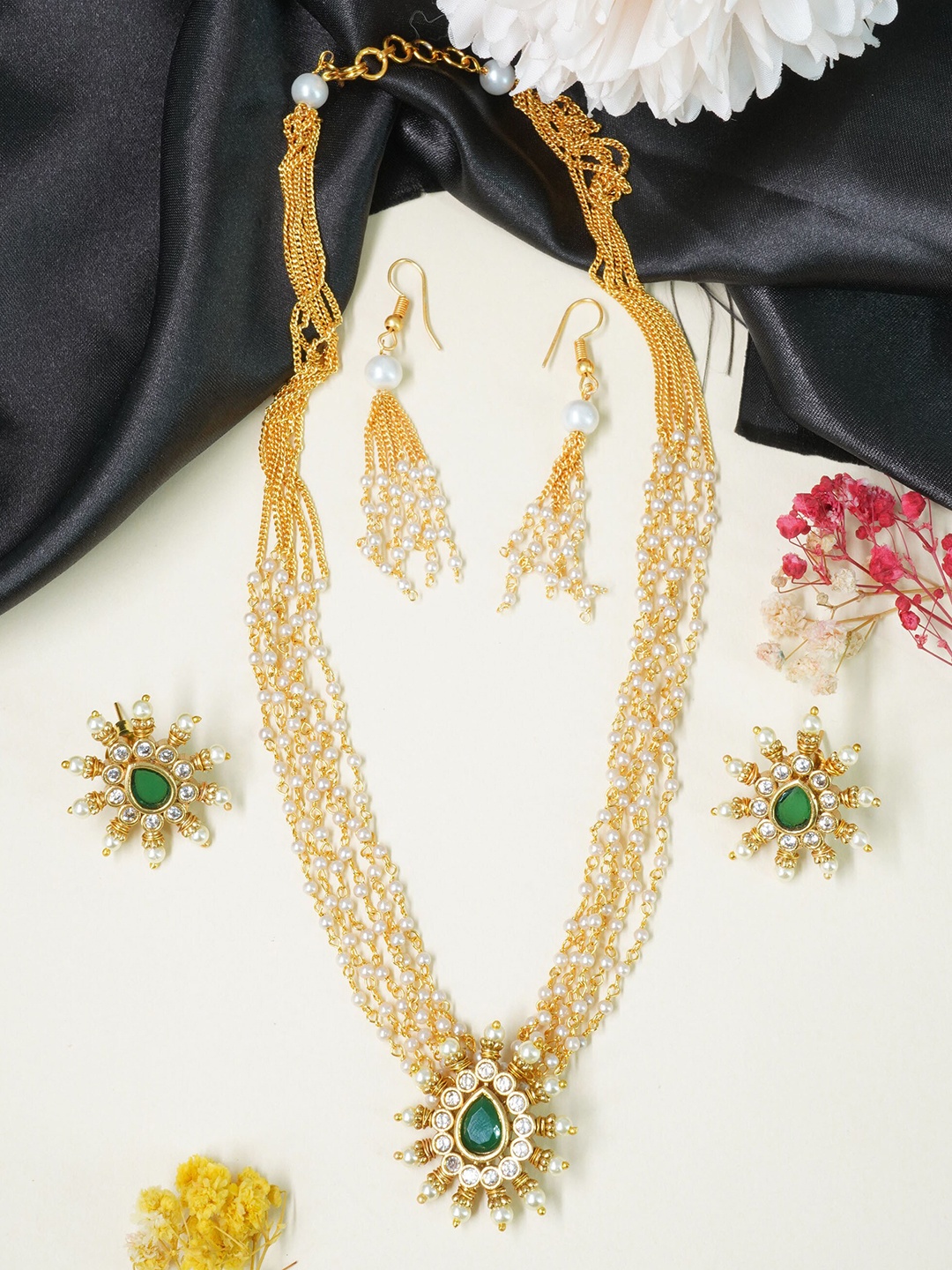 

GRIIHAM Gold-Plated Green CZ Studded & Beaded Layered Jewellery Set, Multi