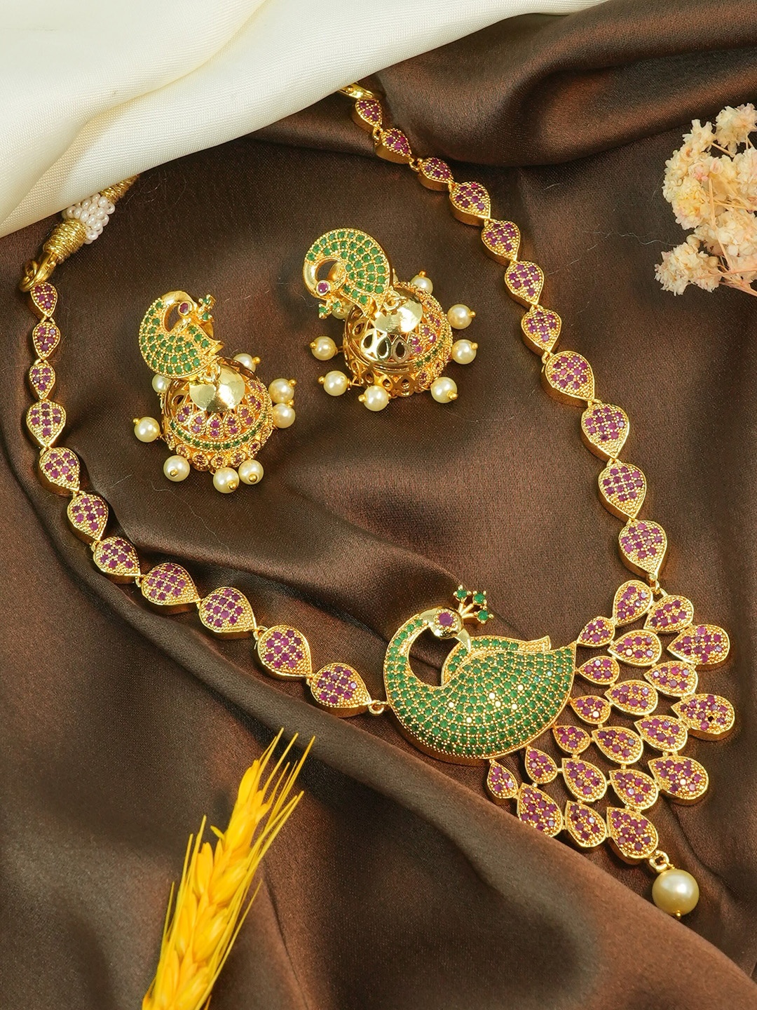 

GRIIHAM Sayara Collection Gold-Plated AD Studded & Beaded Jewellery Set