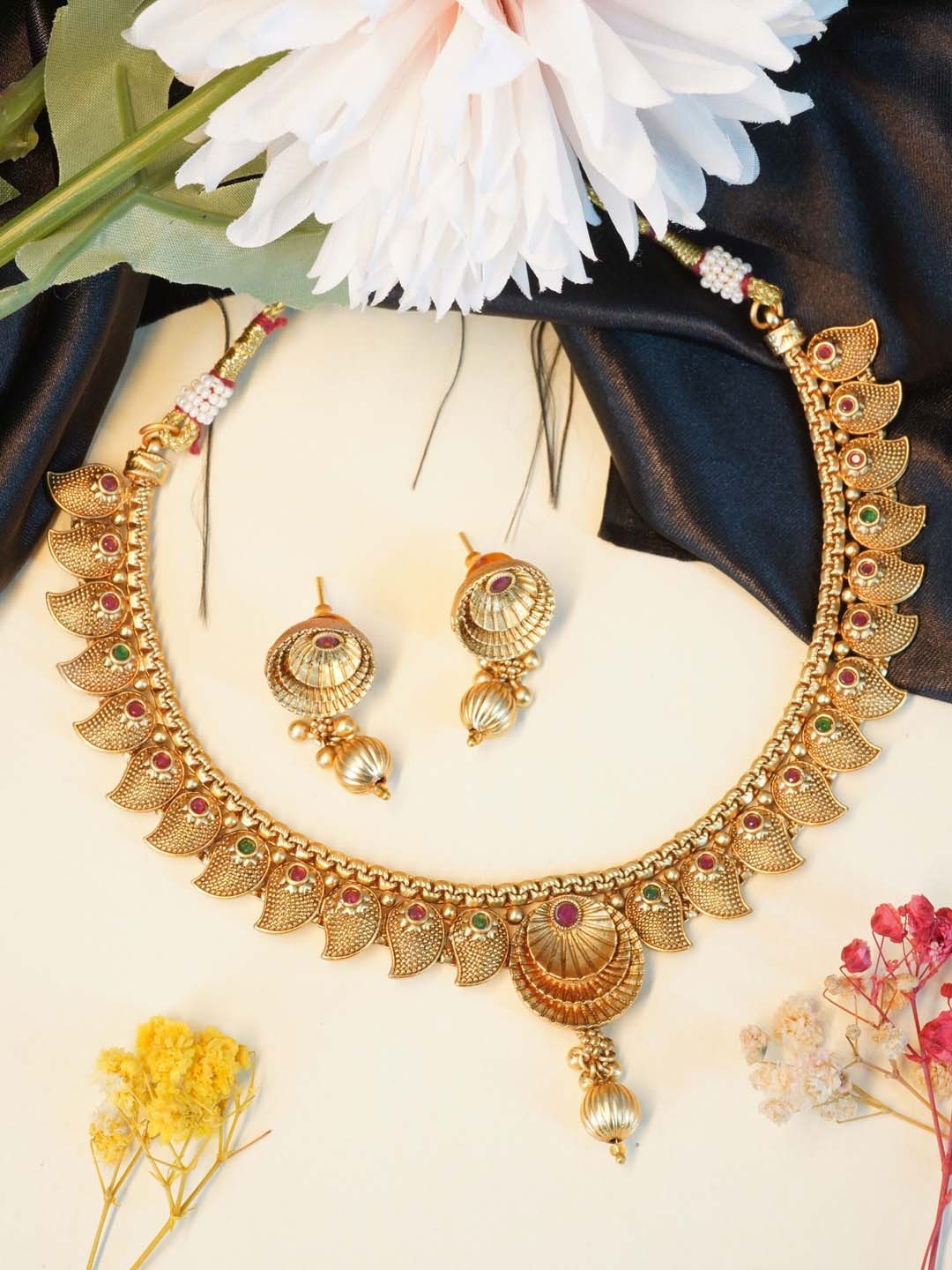 

GRIIHAM Gold-Plated CZ Studded Beaded Lakshmi Pattern Jewellery Set