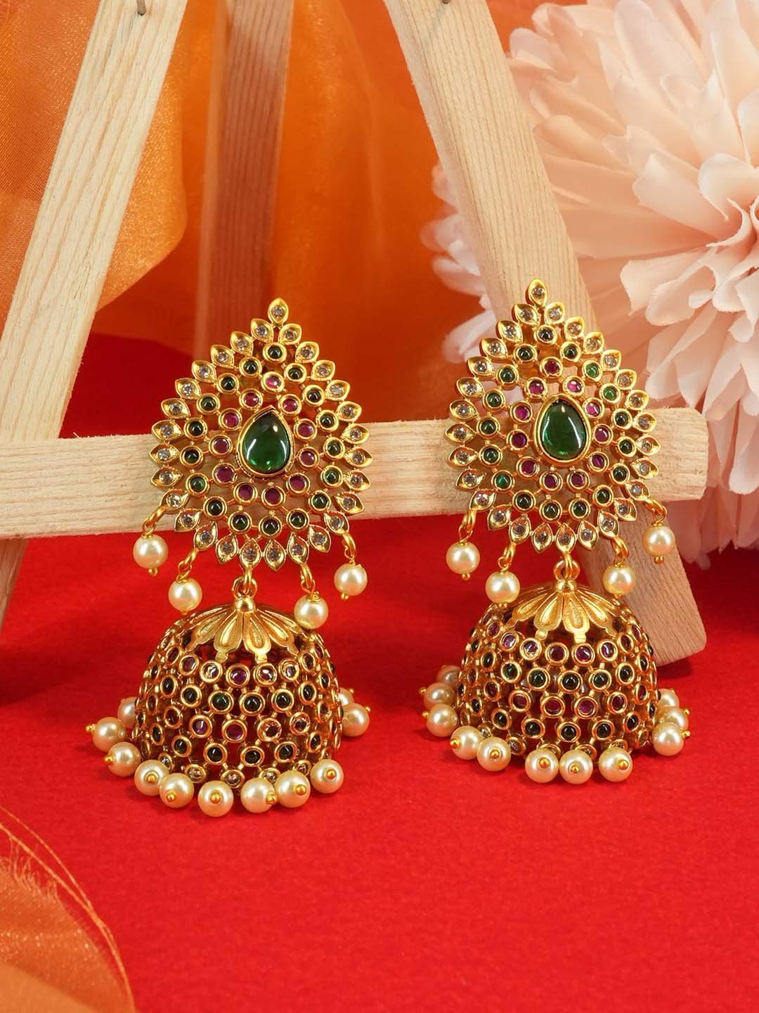 

GRIIHAM Gold-Plated CZ Studded Jhumkas, Green