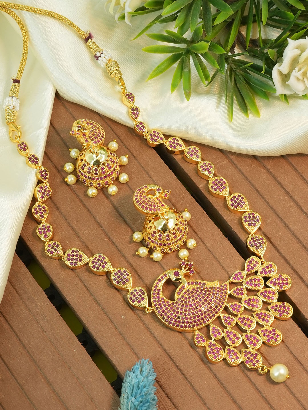

GRIIHAM Sayara Collection Gold-Plated CZ Studded & Beaded Jewellery Set