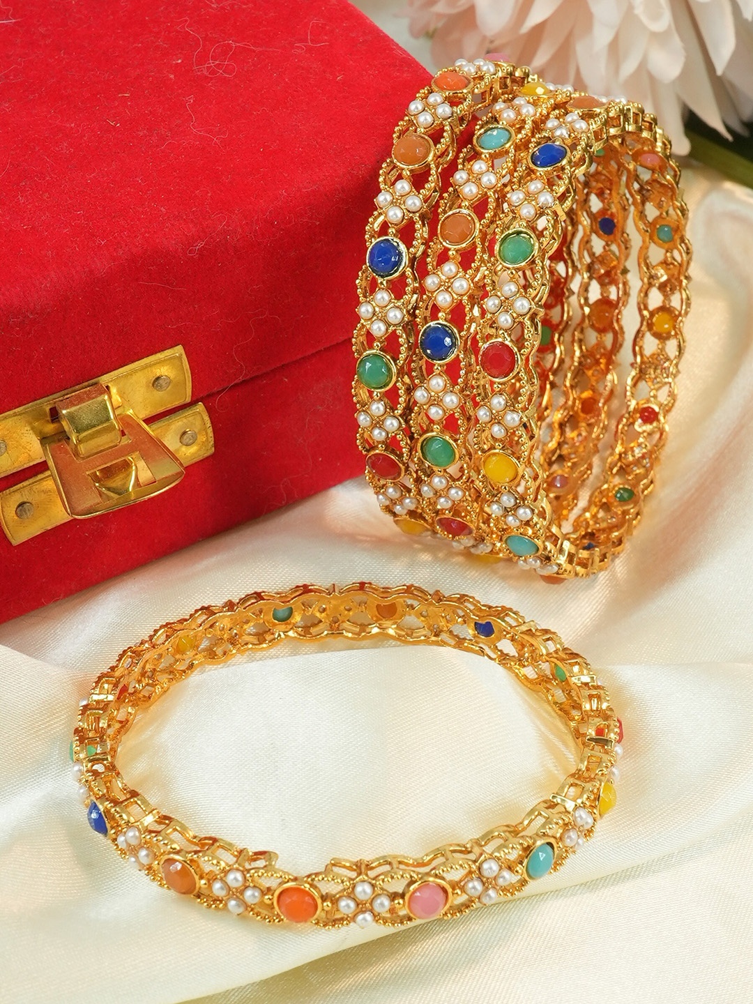 

GRIIHAM Set Of 4 Gold-Plated AD Stone Studded & Beaded Bangles, Blue