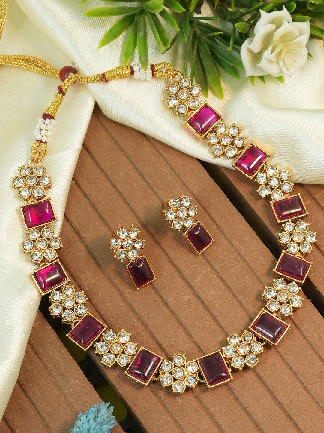

GRIIHAM Gold-Plated AD Studded Antique Jewellery Set