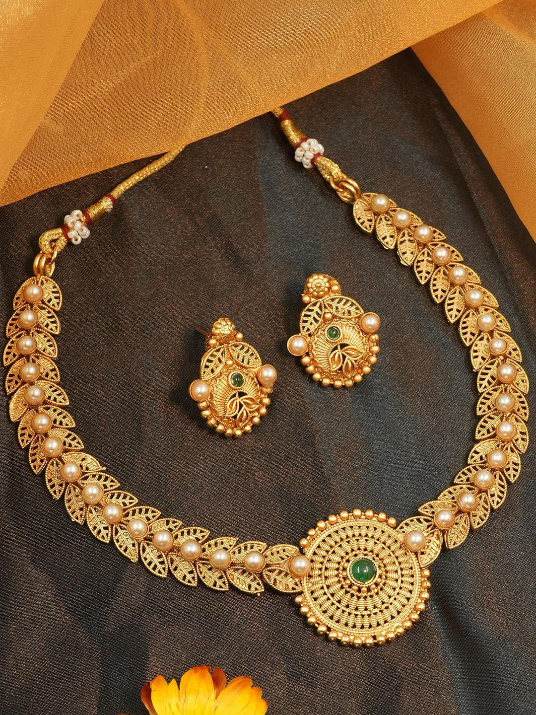 

GRIIHAM Gold-Plated CZ Studded & Pearl Beaded Jewellery Set