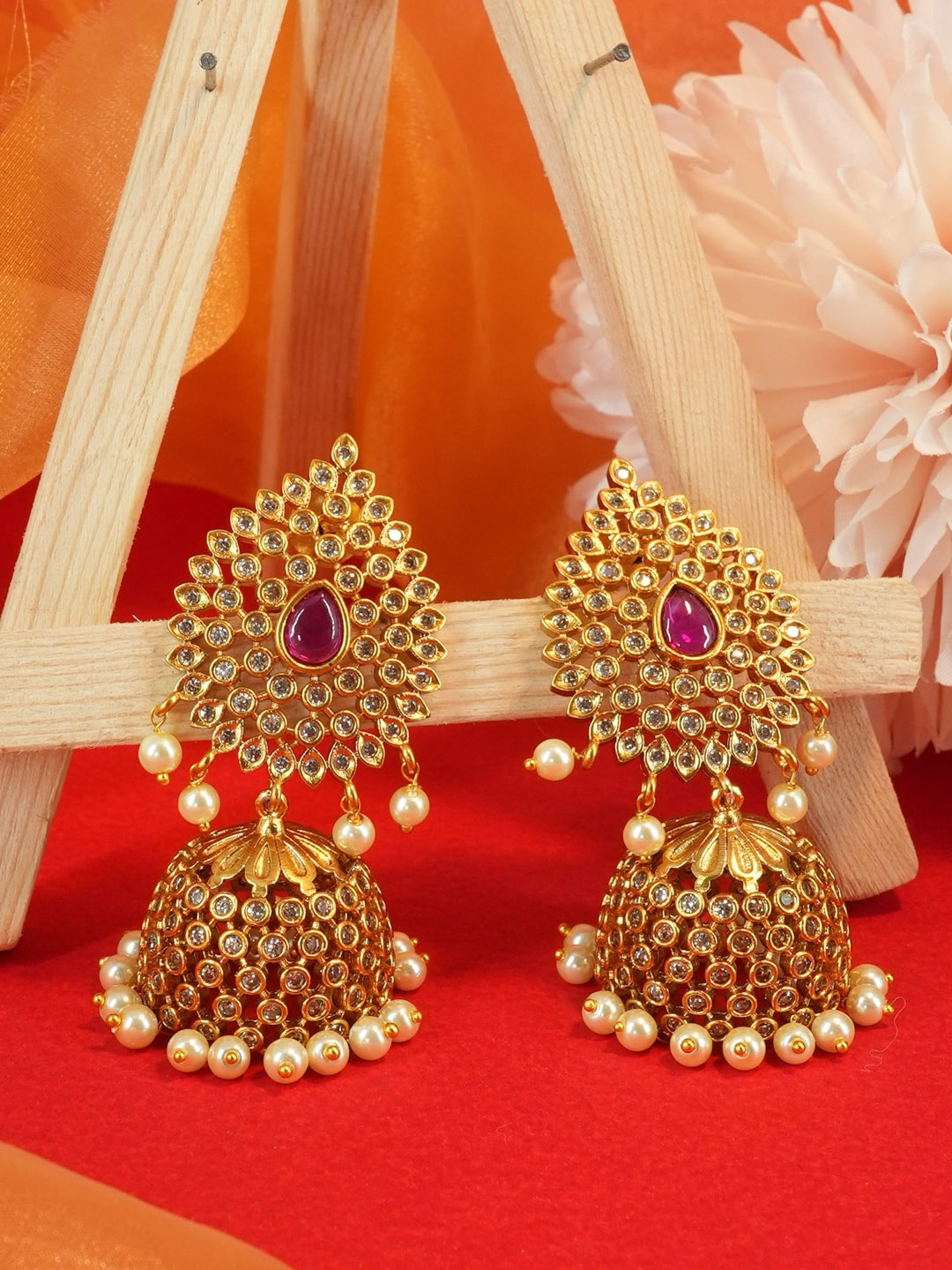 

GRIIHAM Gold-Plated CZ Studded Jhumkas, Red