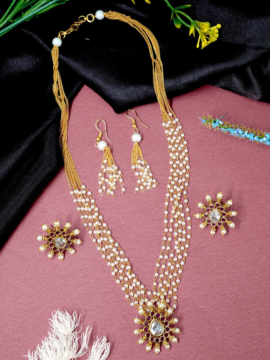 

GRIIHAM Premium Gold-Plated CZ-Studded & Beaded Jewellery Set