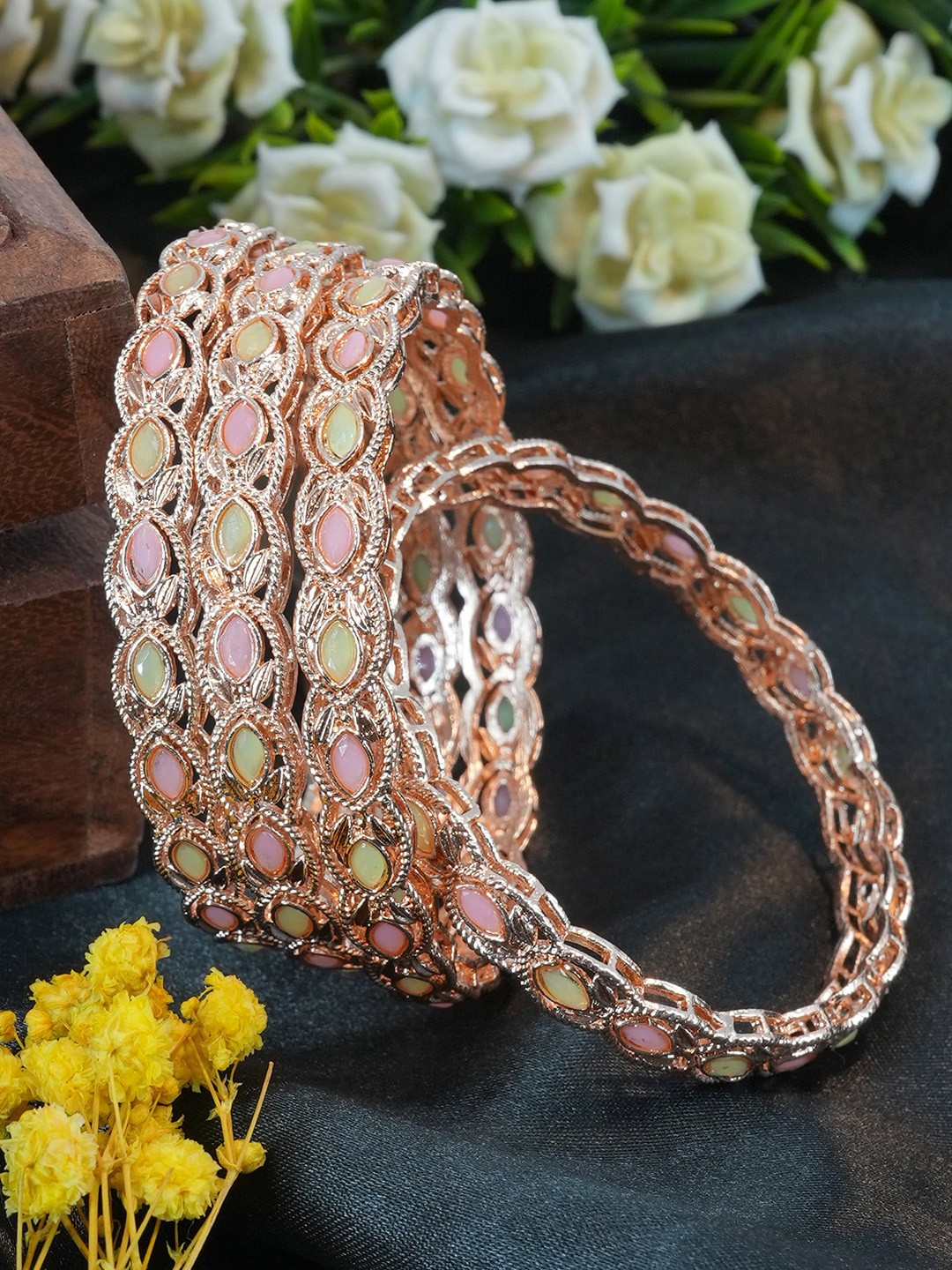 

GRIIHAM Set of 4 Rose Gold-Plated AD-Studded Bangles, Pink