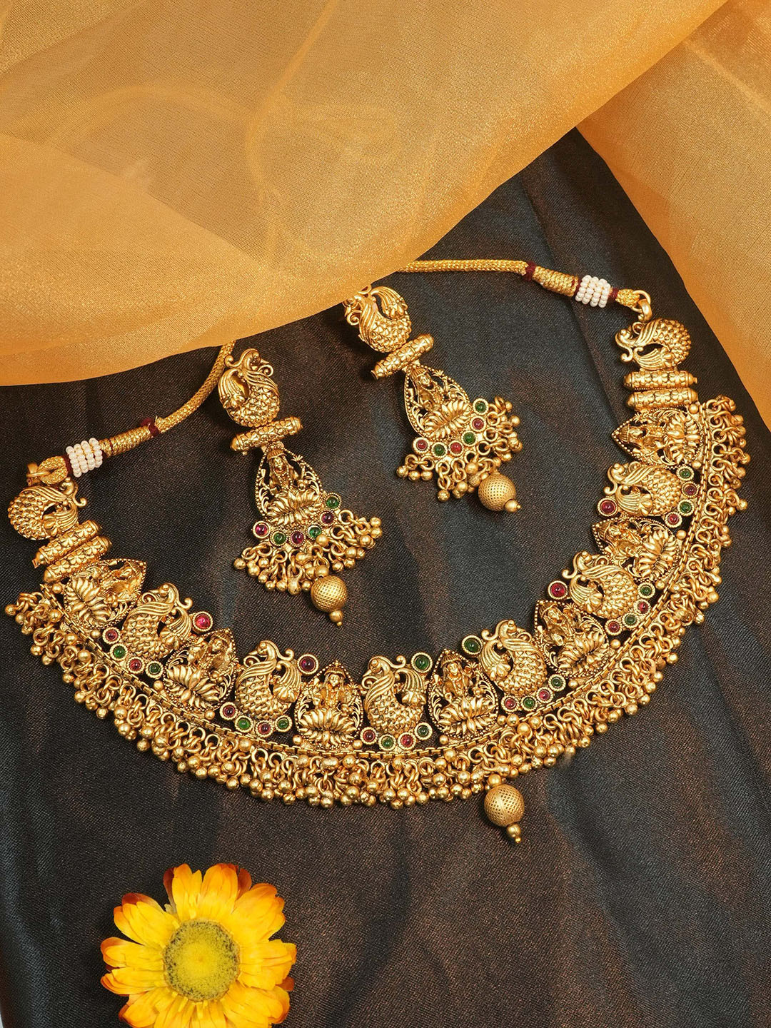 

GRIIHAM Gold-Plated CZ Studded & Beaded Antique Lakshmi Motif Jewellery Set