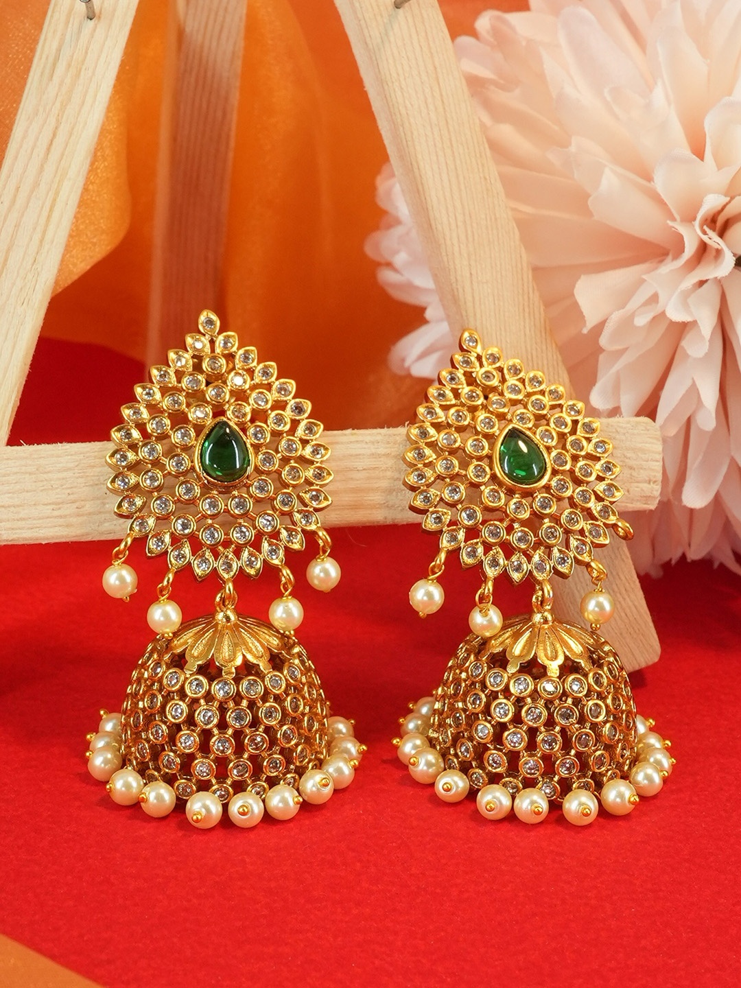 

GRIIHAM Gold-Plated CZ Studded Jhumkas, Green