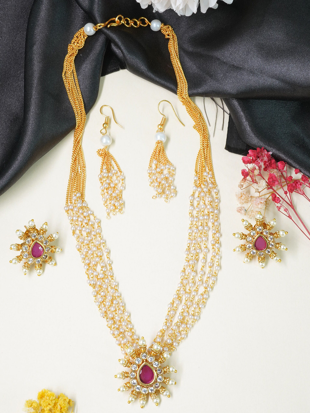 

GRIIHAM Gold-Plated Premium CZ Studded & Beaded Layered Jewellery Set