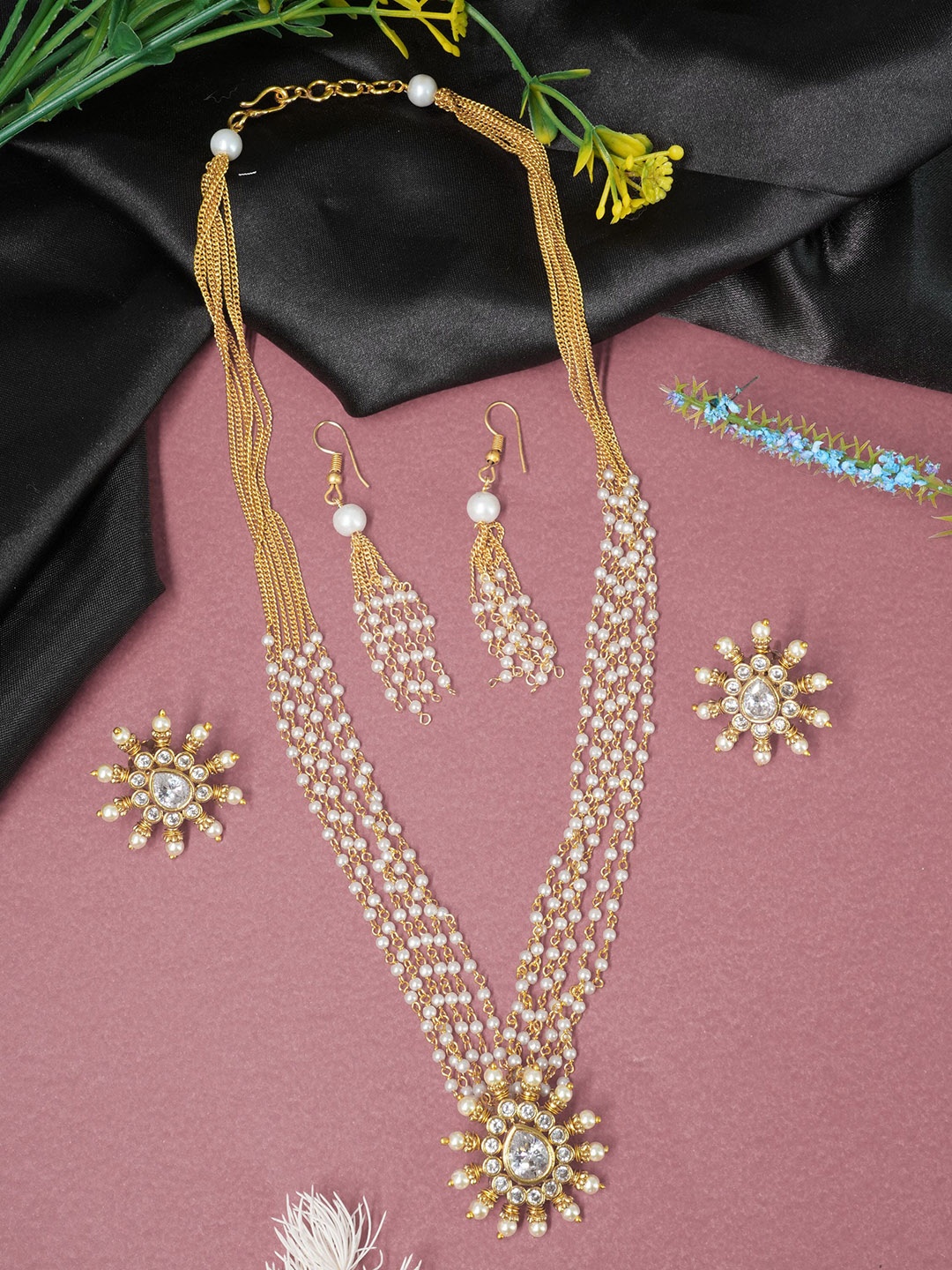 

GRIIHAM Gold-Plated CZ Studded & Beaded Layered Jewellery Set