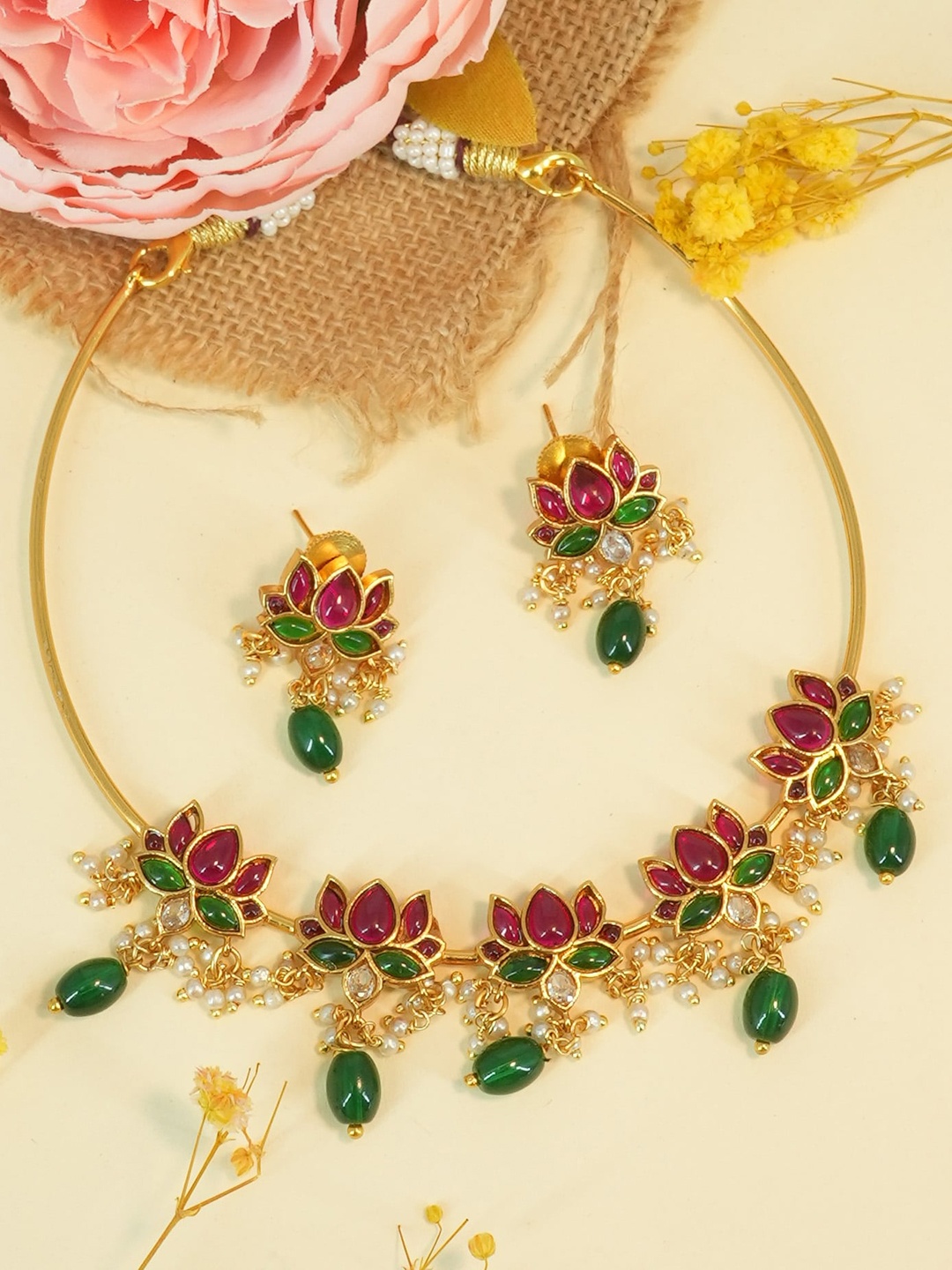 

GRIIHAM Gold-Plated CZ-Studded & Beaded Jewellery Set