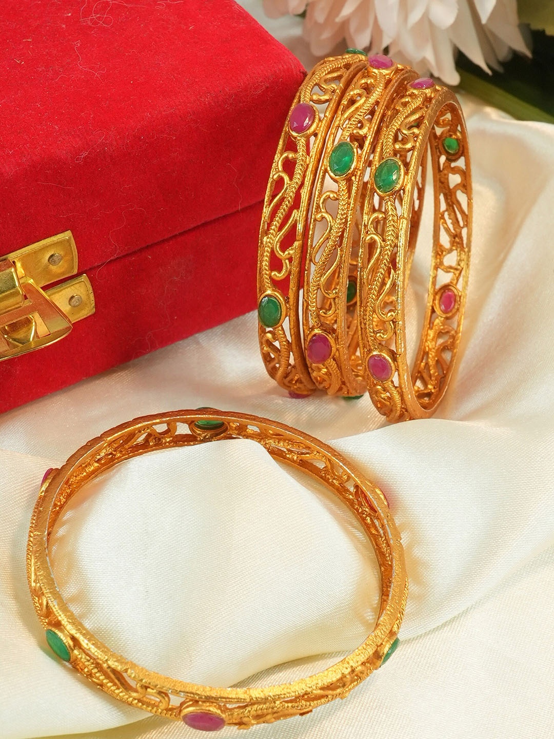 GRIIHAM Set Of 4 Gold-Plated Stone-Studded Bangles, Pink