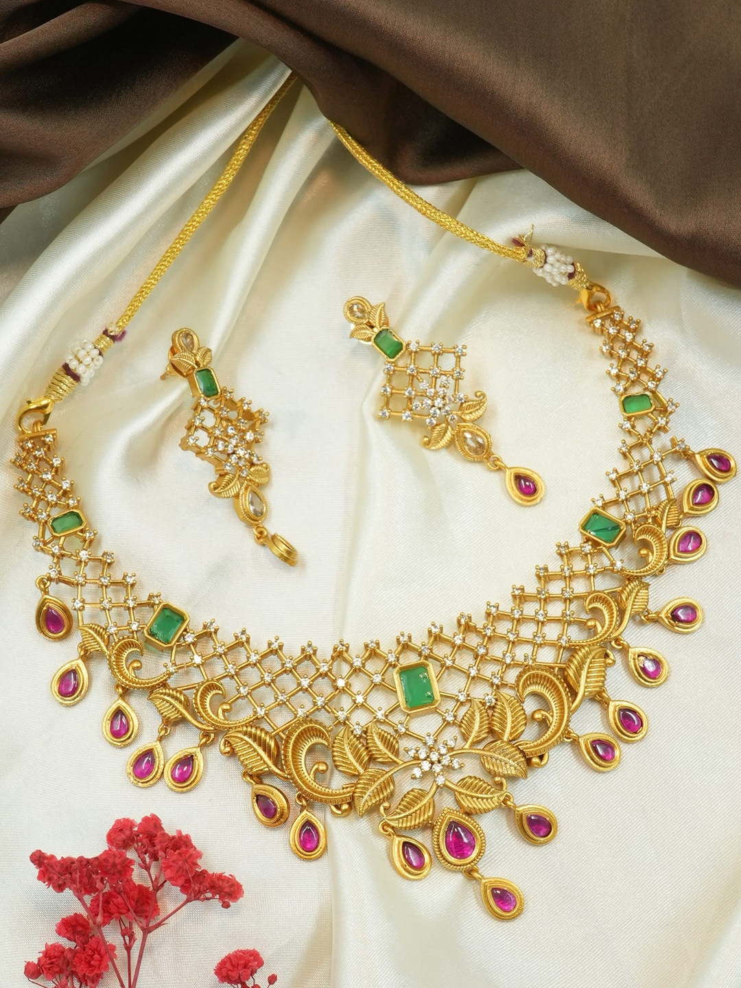 

GRIIHAM Gold-Plated & Cubic Zirconia-Studded Antique Jewellery Set