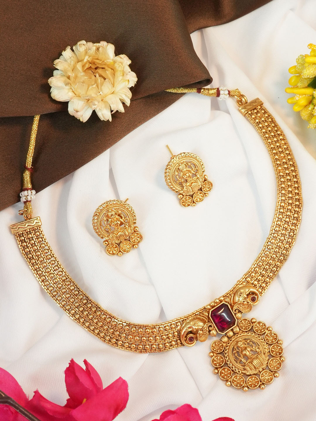 

GRIIHAM Gold-Plated CZ Studded Lakshmi Pattern Antique Premium Jewellery Set