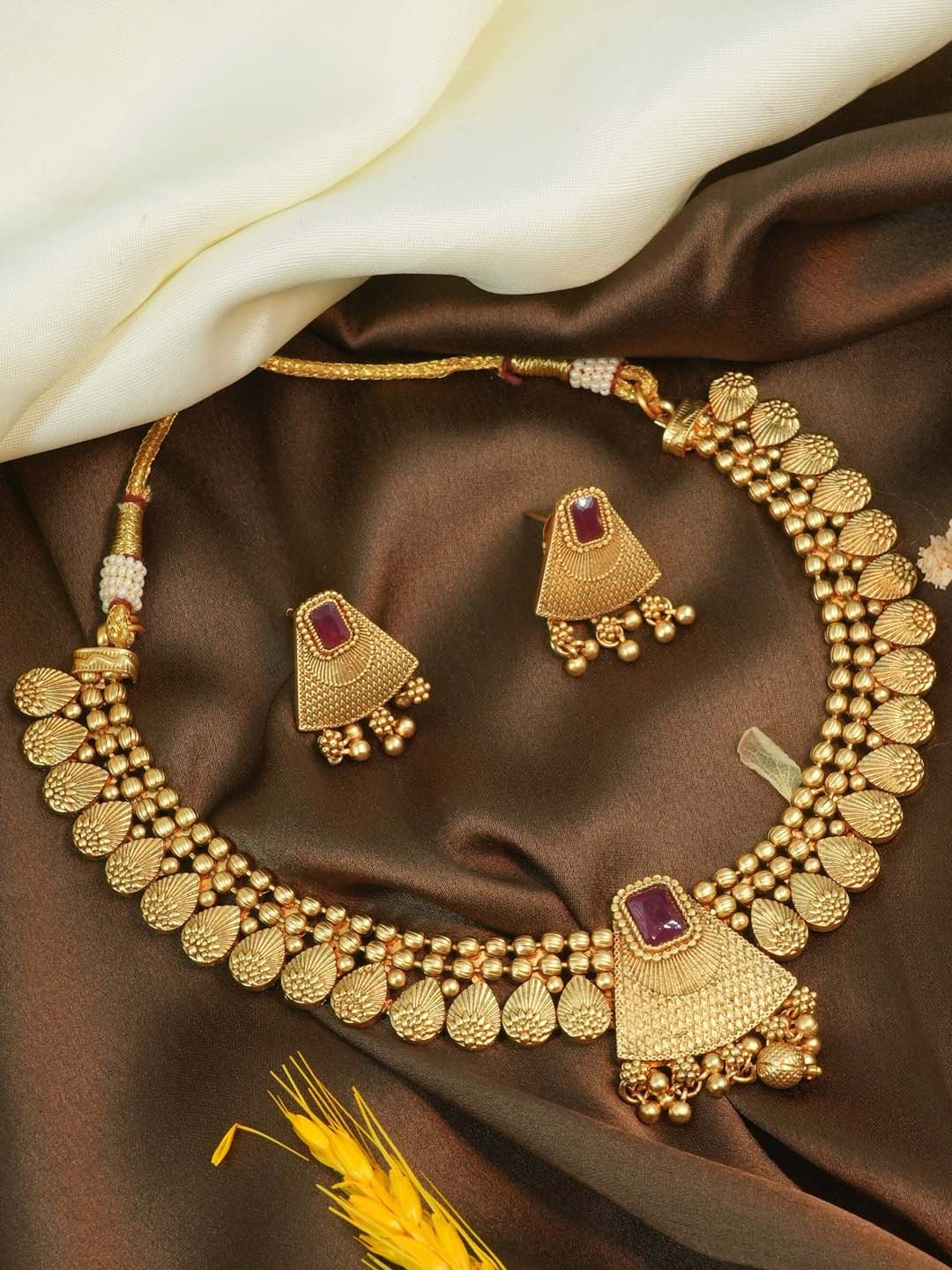 

GRIIHAM Gold-Plated & Cubic Zirconia-Studded Antique Jewellery Set