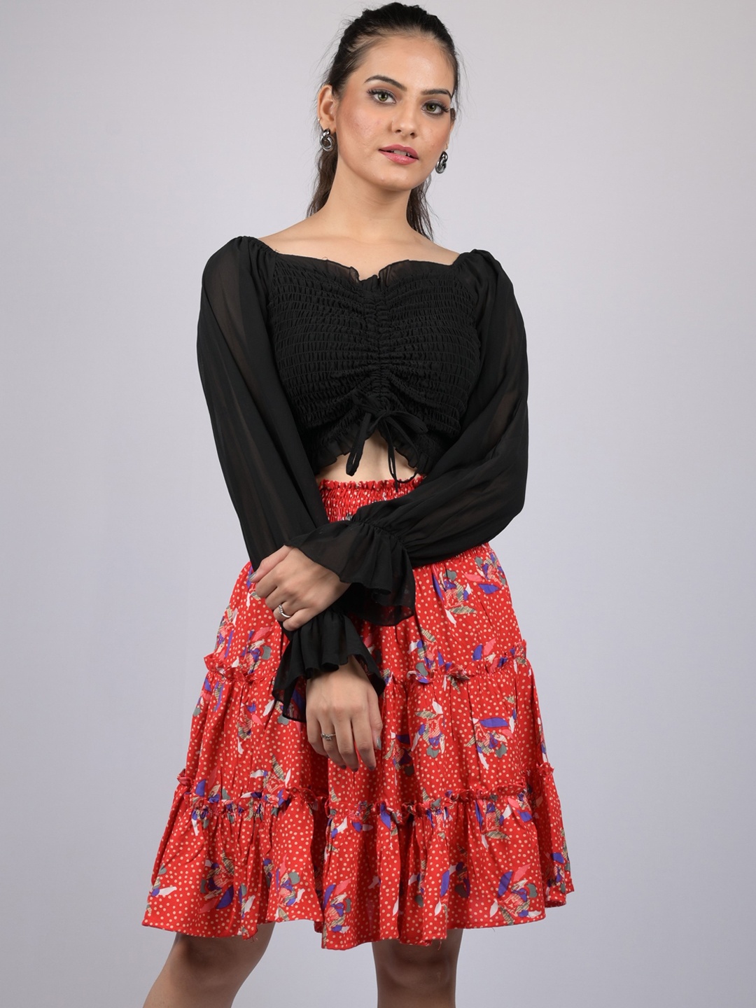

OWO THE LABEL Floral Printed Above Knee-Length Tiered Skirt, Red