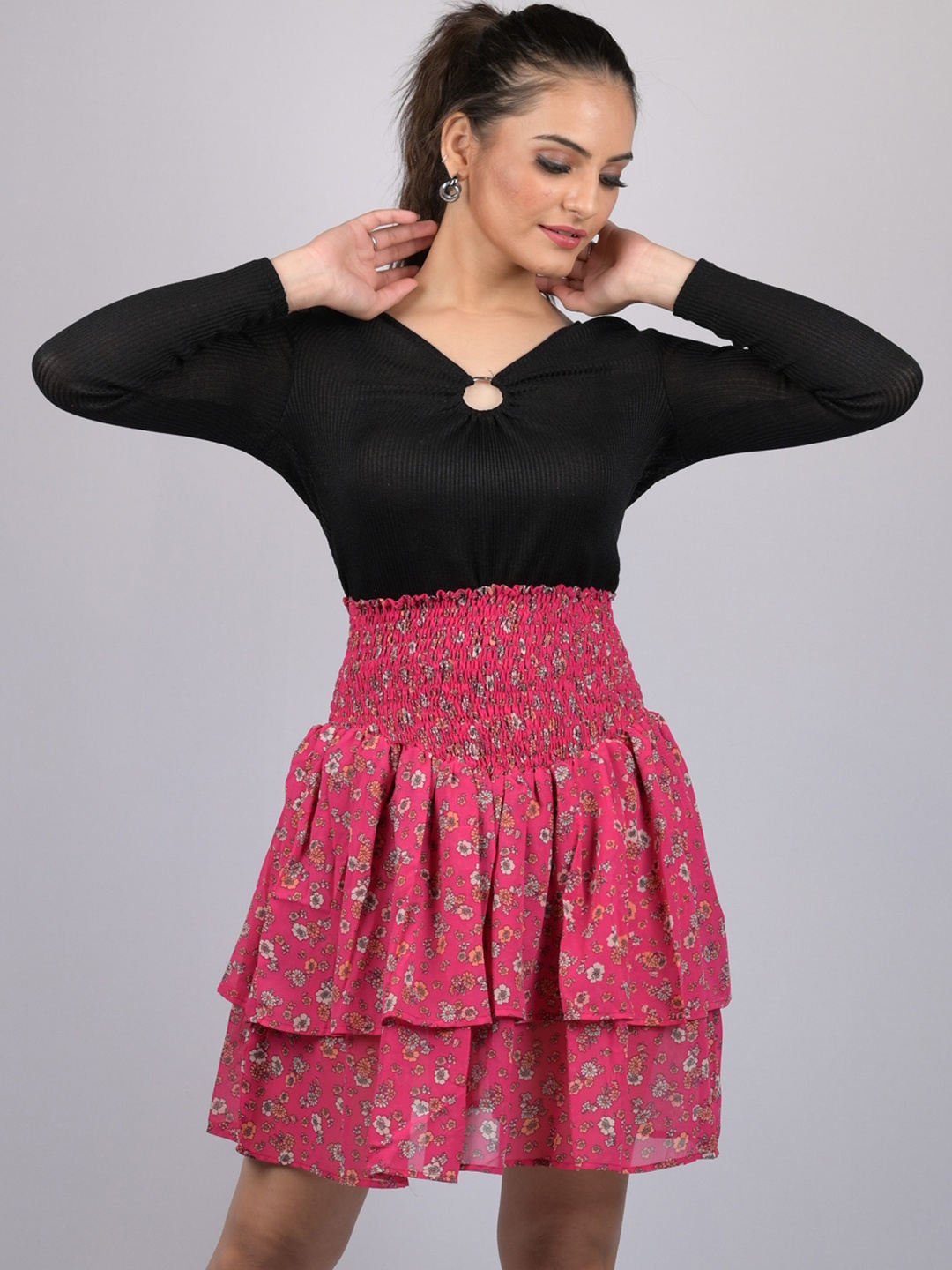 

OWO THE LABEL Floral Printed Flared Above Knee Length Layered Skirt, Rose