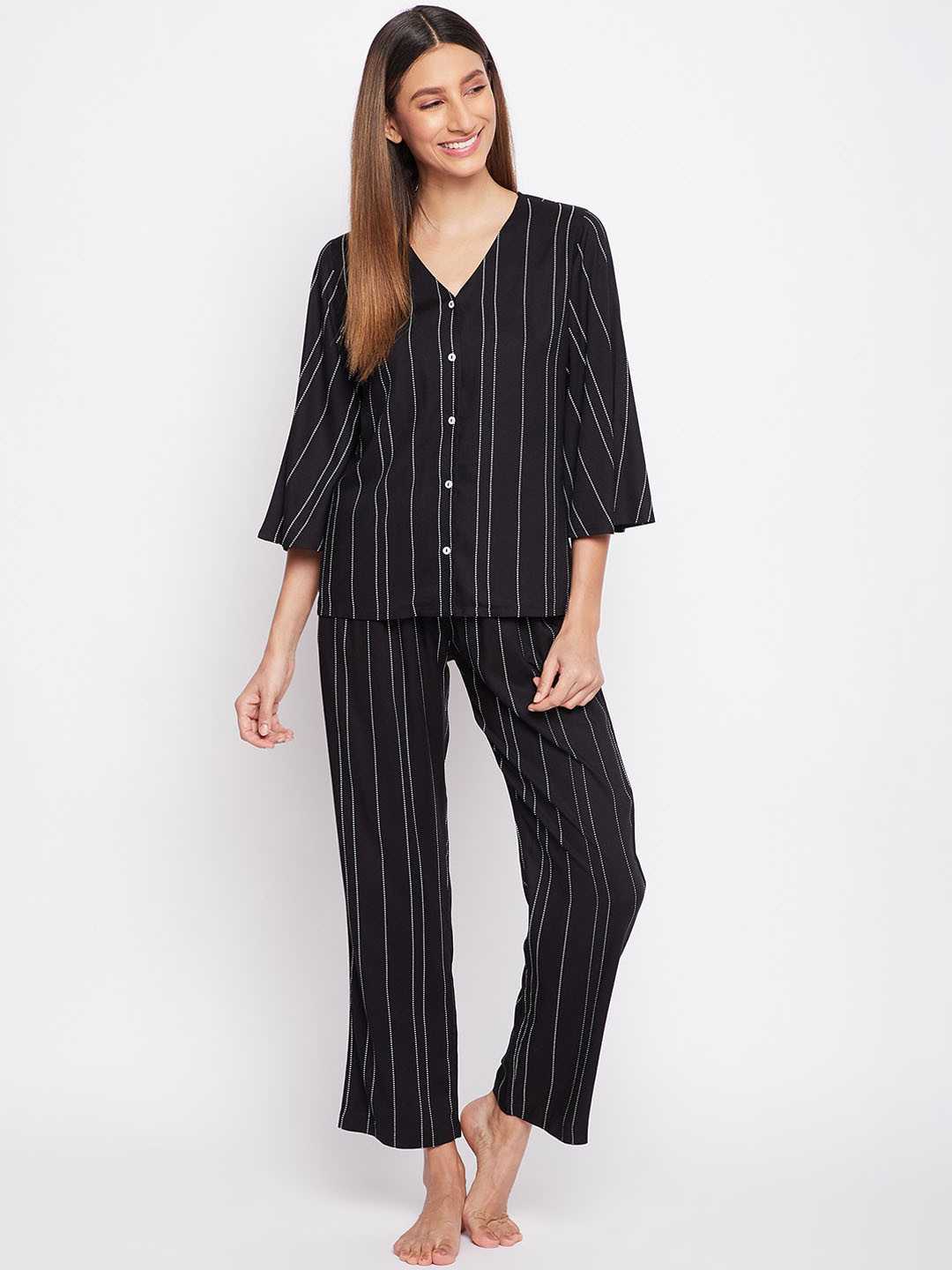 

sandy AND ritz Women 2 Pieces Striped Night suit, Black