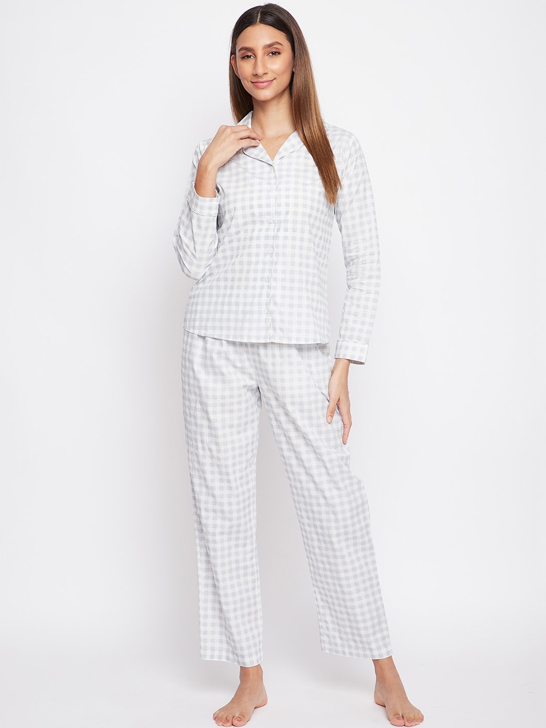 

sandy AND ritz Women Checked Pure Cotton Night suit, White