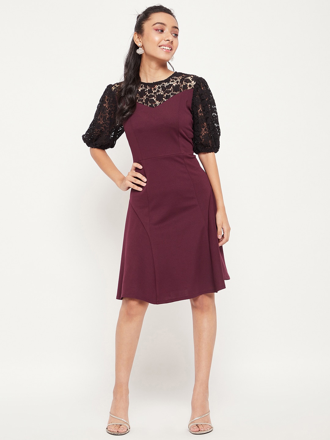 

Antheaa Fit And Flare Laced Fitted Dress, Maroon