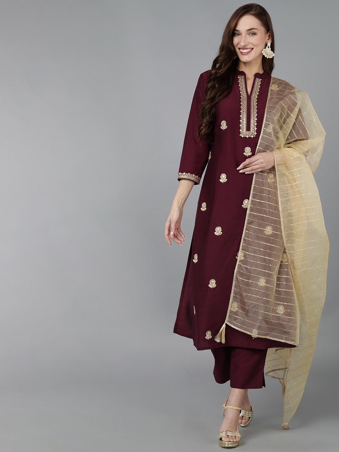 

AHIKA Women Floral Embroidered Sequinned Kurta with Trousers & Dupatta, Magenta