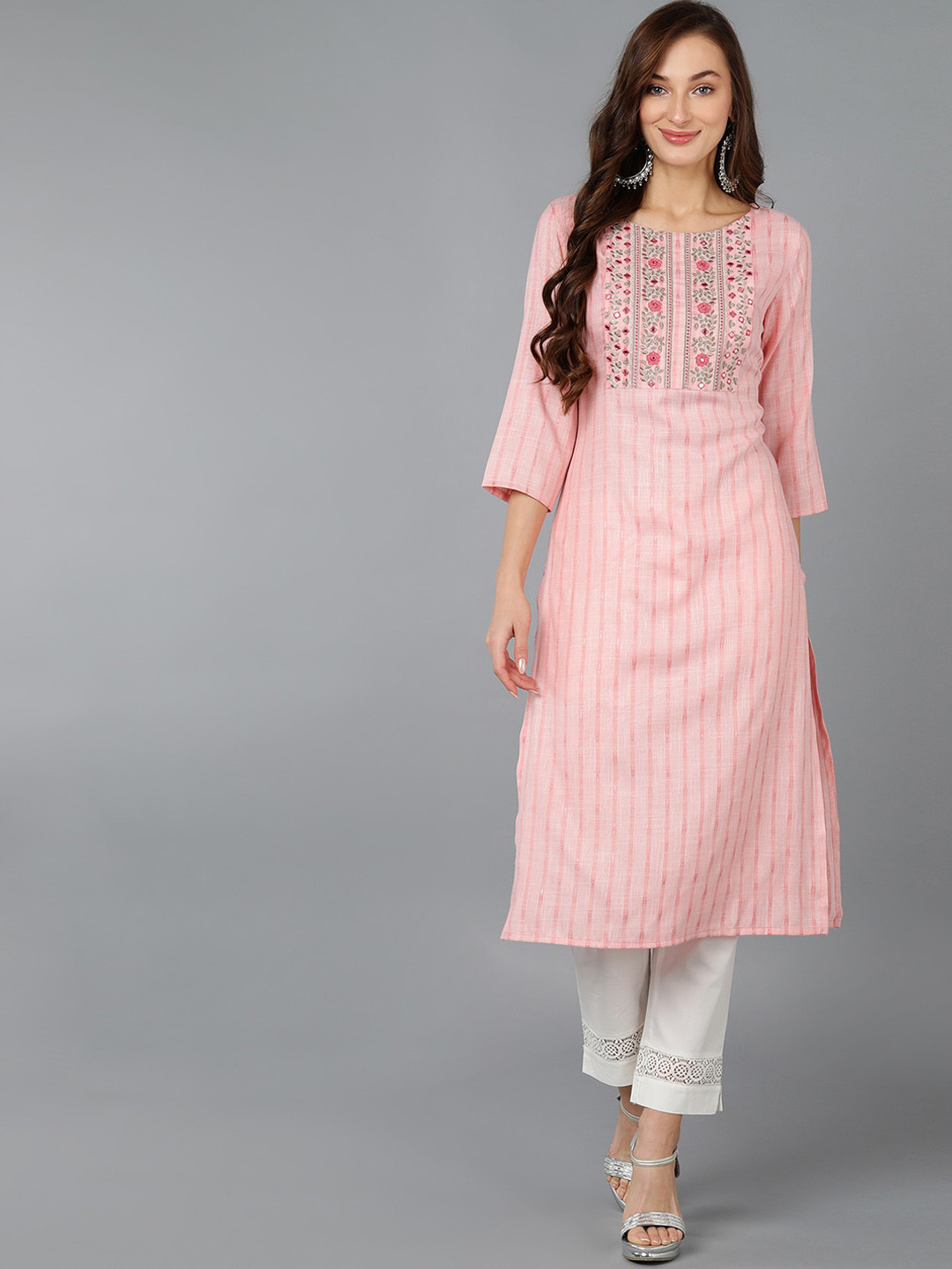 

AHIKA Women Embroidered Mirror Work Cotton Kurta, Pink