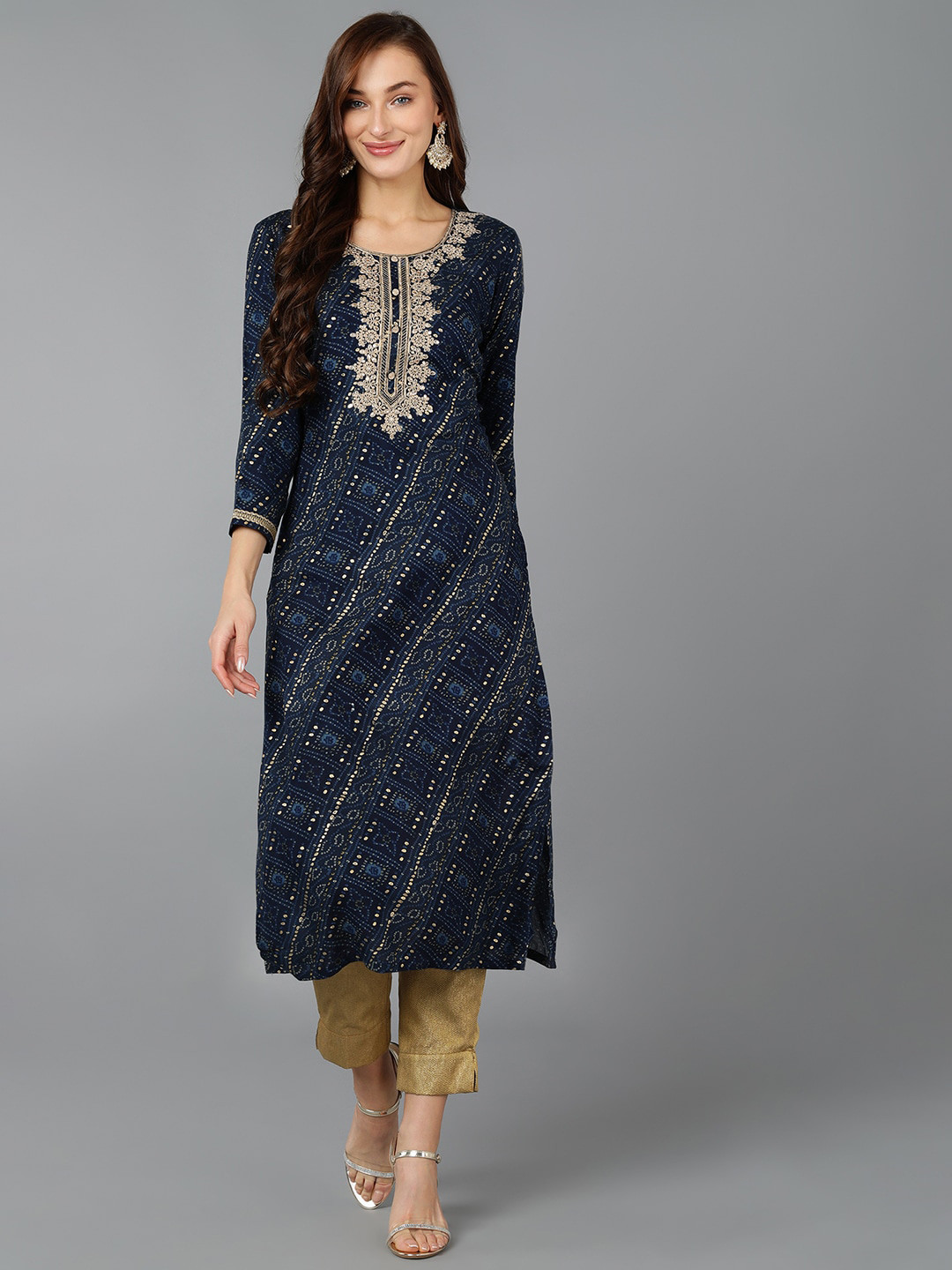 

AHIKA Women Bandhani Printed Thread Work Indie Prints Kurta, Navy blue