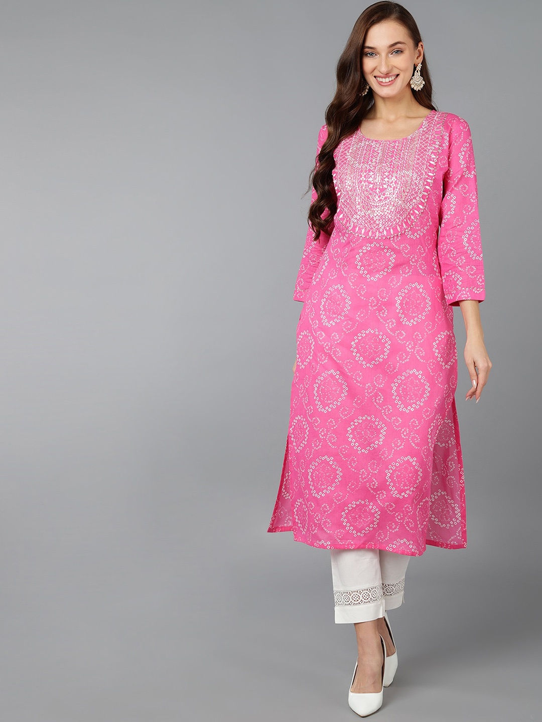 

AHIKA Women Bandhani Printed Indie Prints Cotton Kurta, Pink
