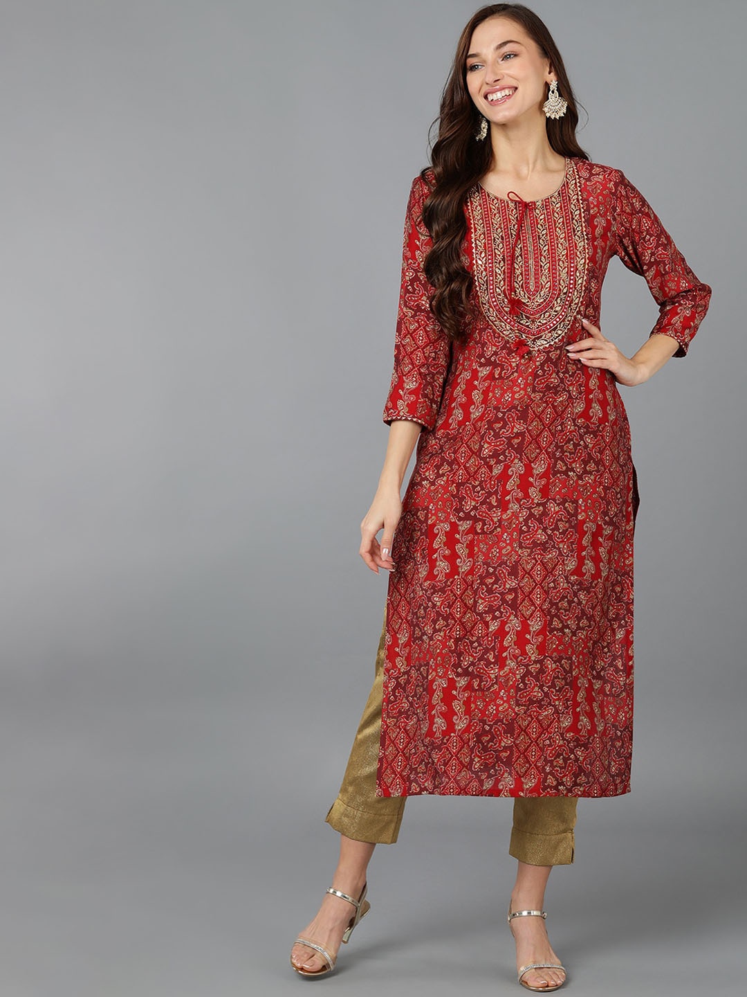 

AHIKA Women Ethnic Motifs Yoke Design Thread Work Indie Prints Kurta, Red