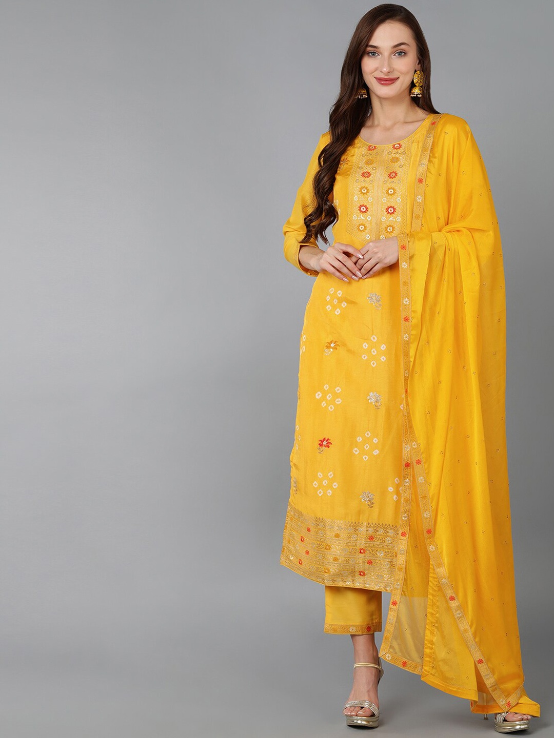 

AHIKA Women Bandhani Printed Round Neck Thread Work Kurta with Trousers & Dupatta, Yellow