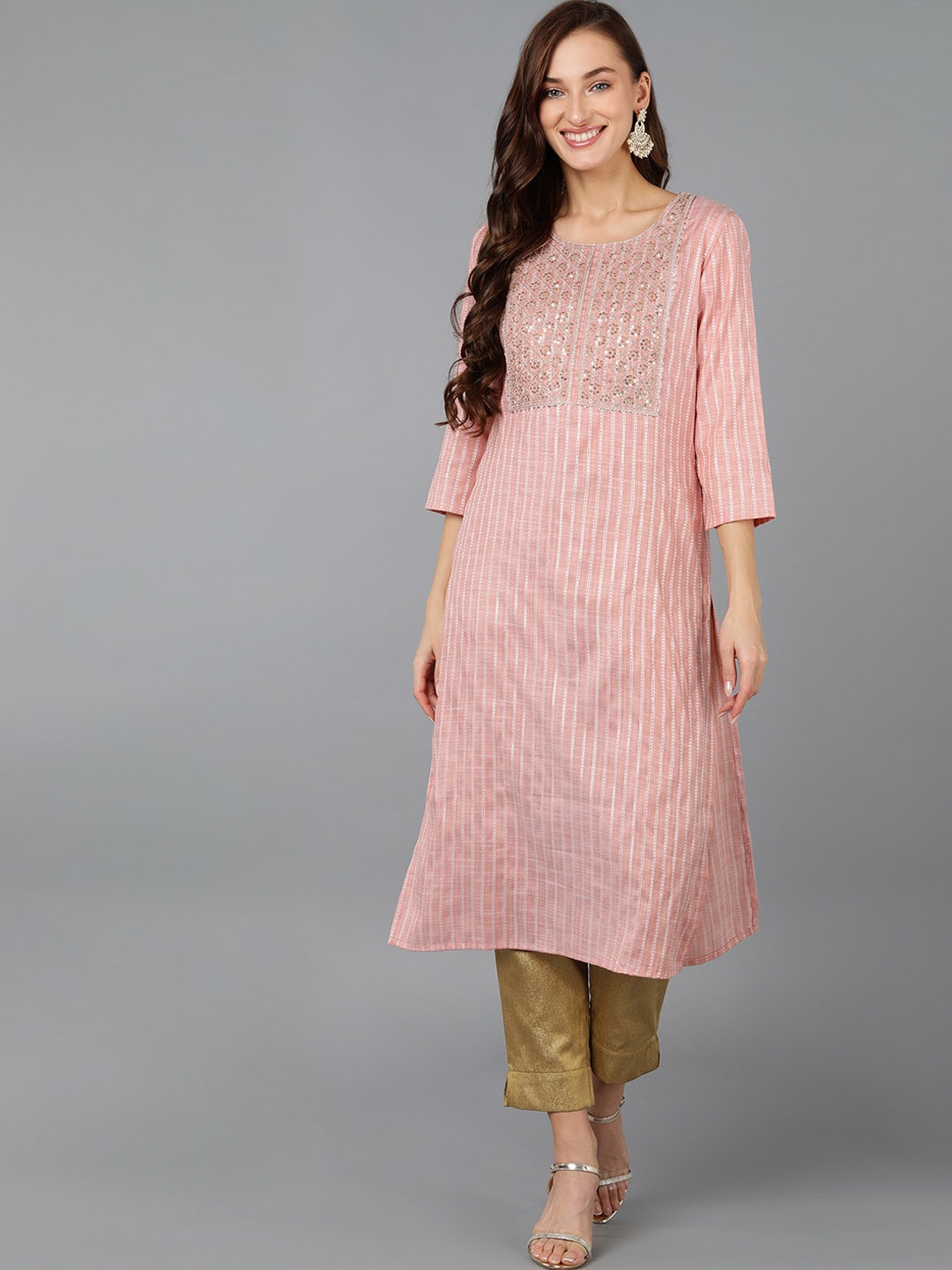 

AHIKA Women Striped Pastels Cotton Kurta, Pink