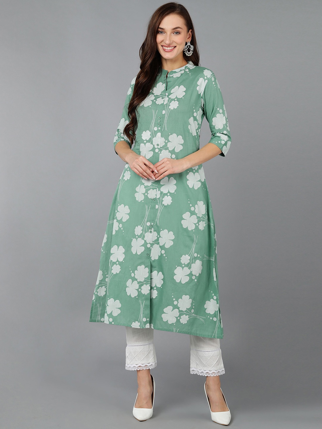 

AHIKA Women Floral Printed A-Line Cotton Kurta, Green