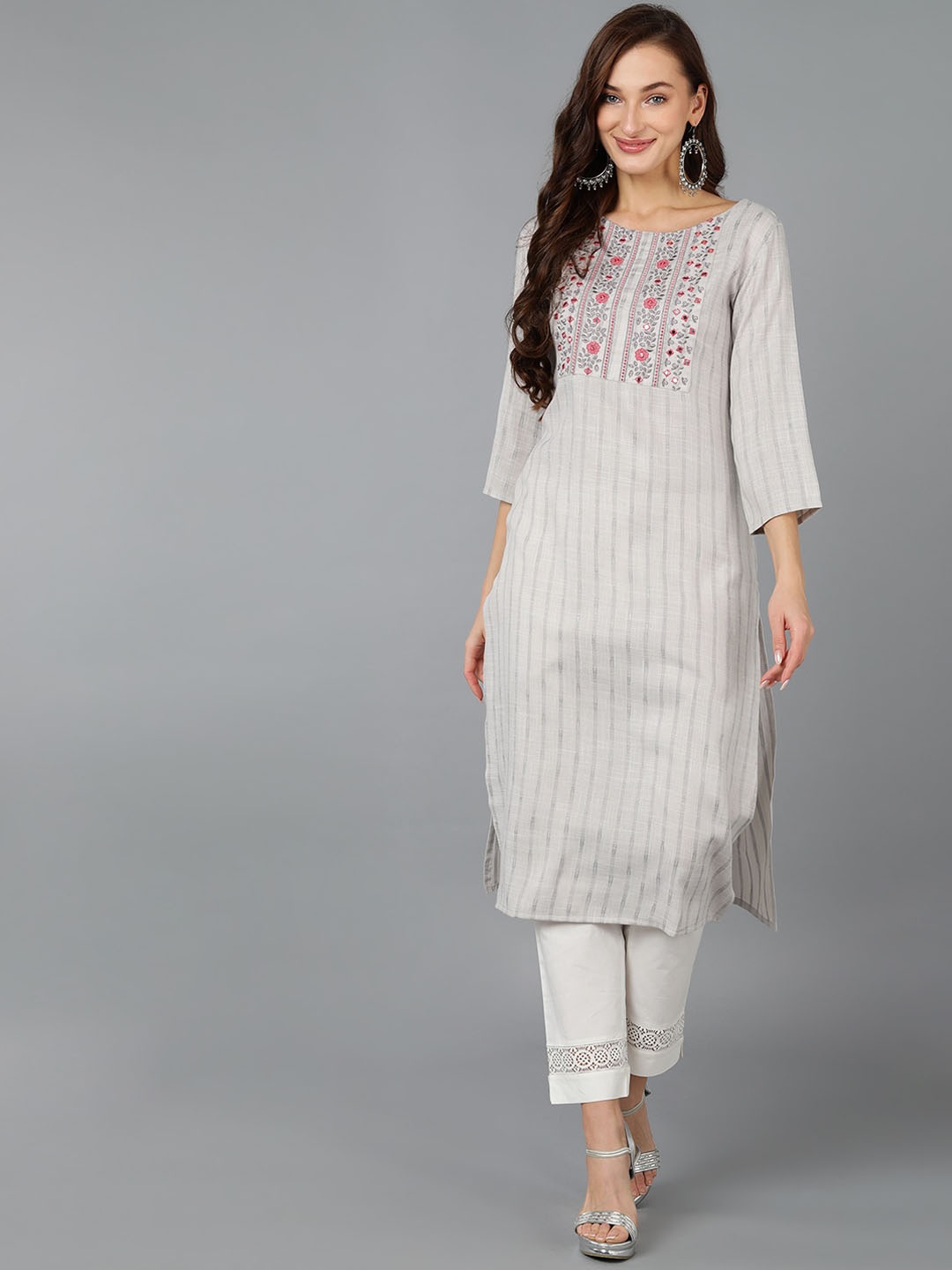 

AHIKA Women Woven Design Thread Work Regular Cotton Kurta, Grey