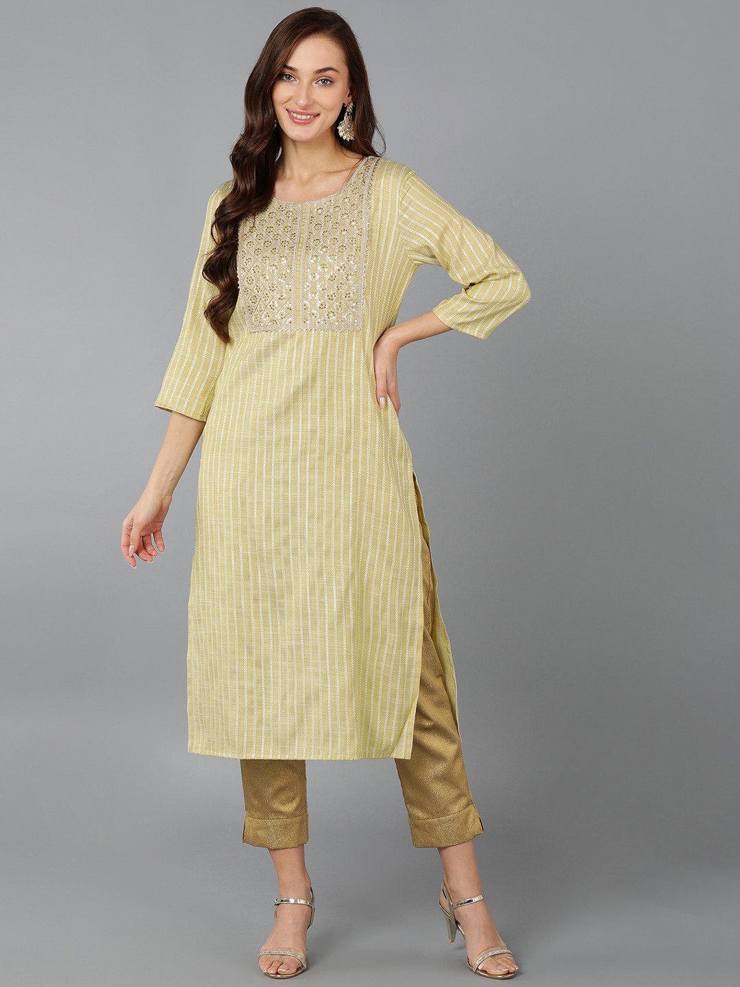 

AHIKA Women Striped Sequined Detailed Regular Cotton Kurta, Mustard