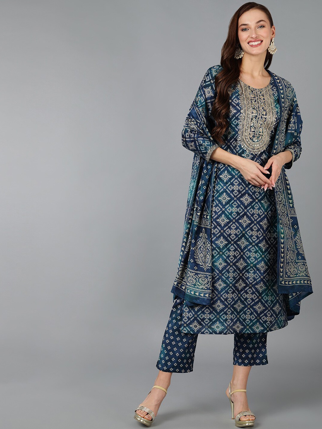 

AHIKA Women Printed Round Neck Sequinned Kurta with Trousers & Dupatta, Blue