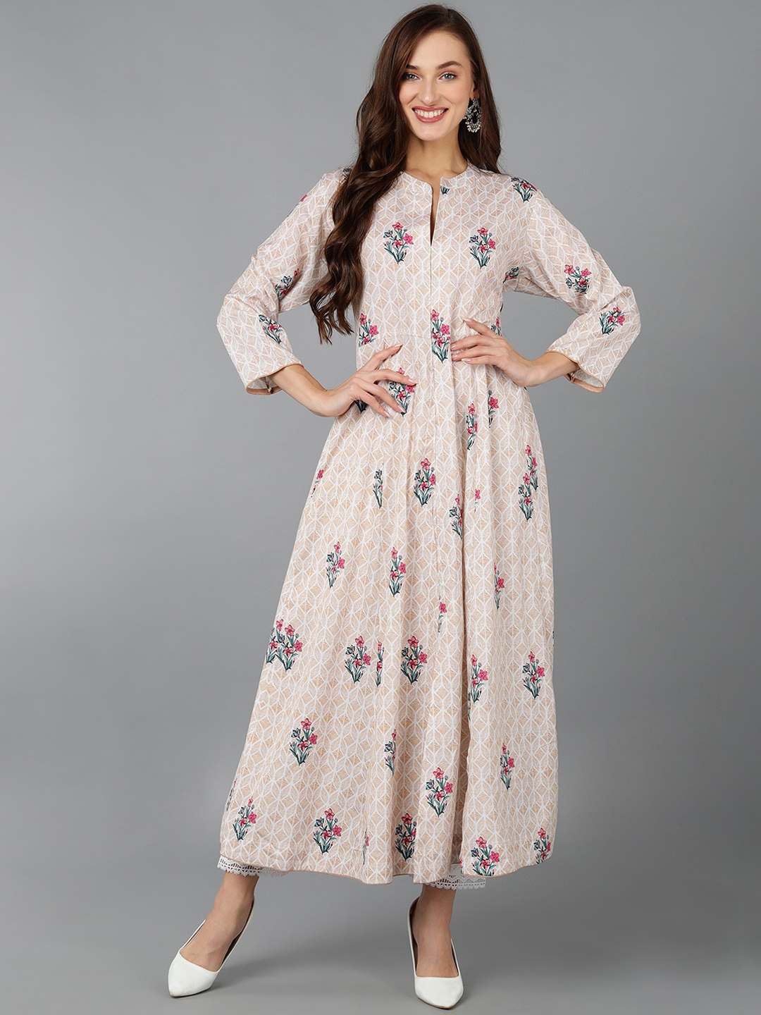 

AHIKA Floral Printed Band Collar Anarkali Kurta, Beige