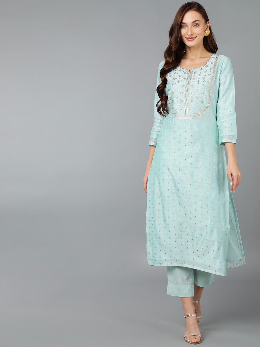 

AHIKA Ethnic Motifs Embellished Notch Neck Kurta, Sea green