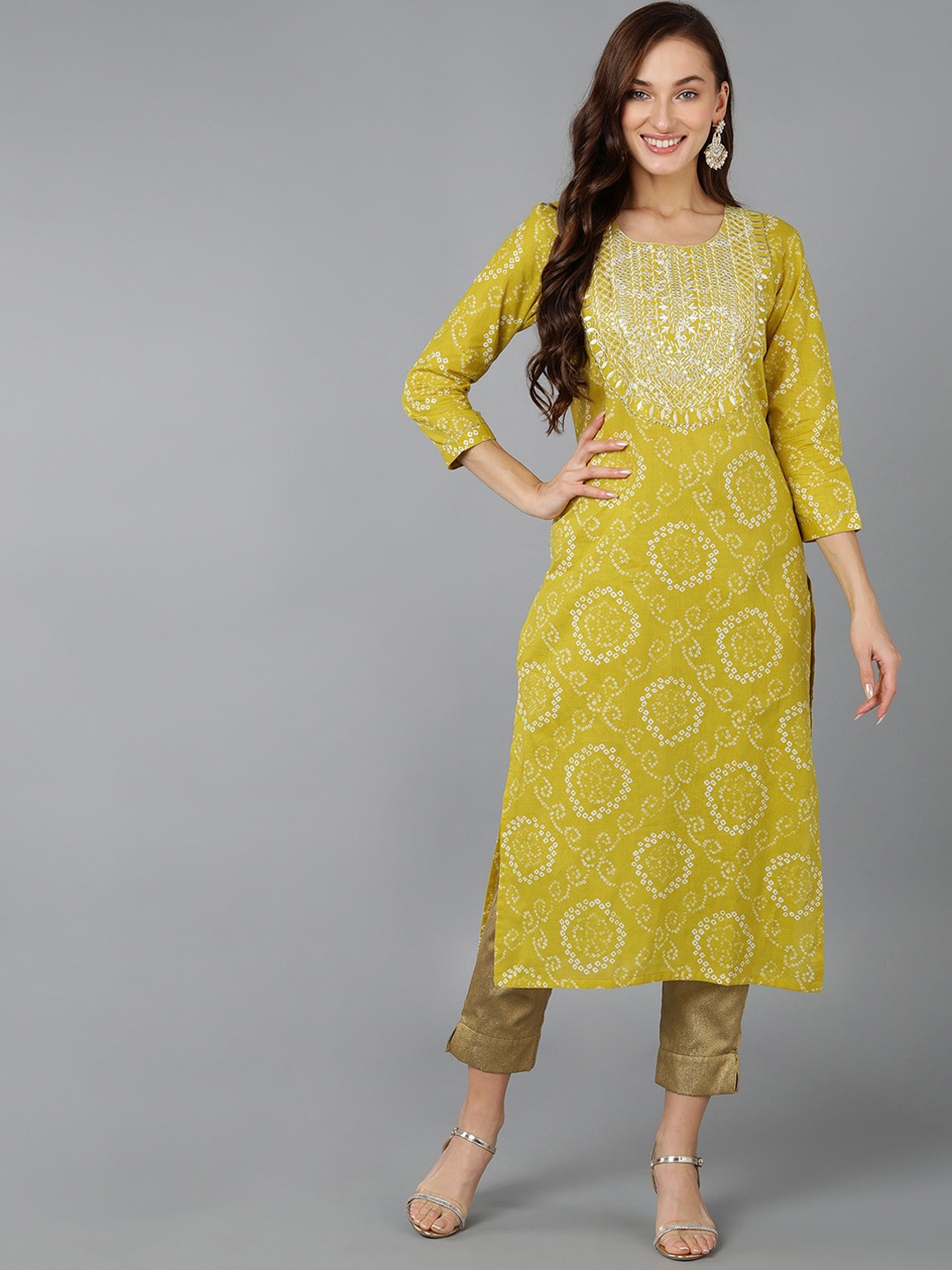 

AHIKA Ethnic Motifs Printed Sequined Cotton Kurta, Mustard