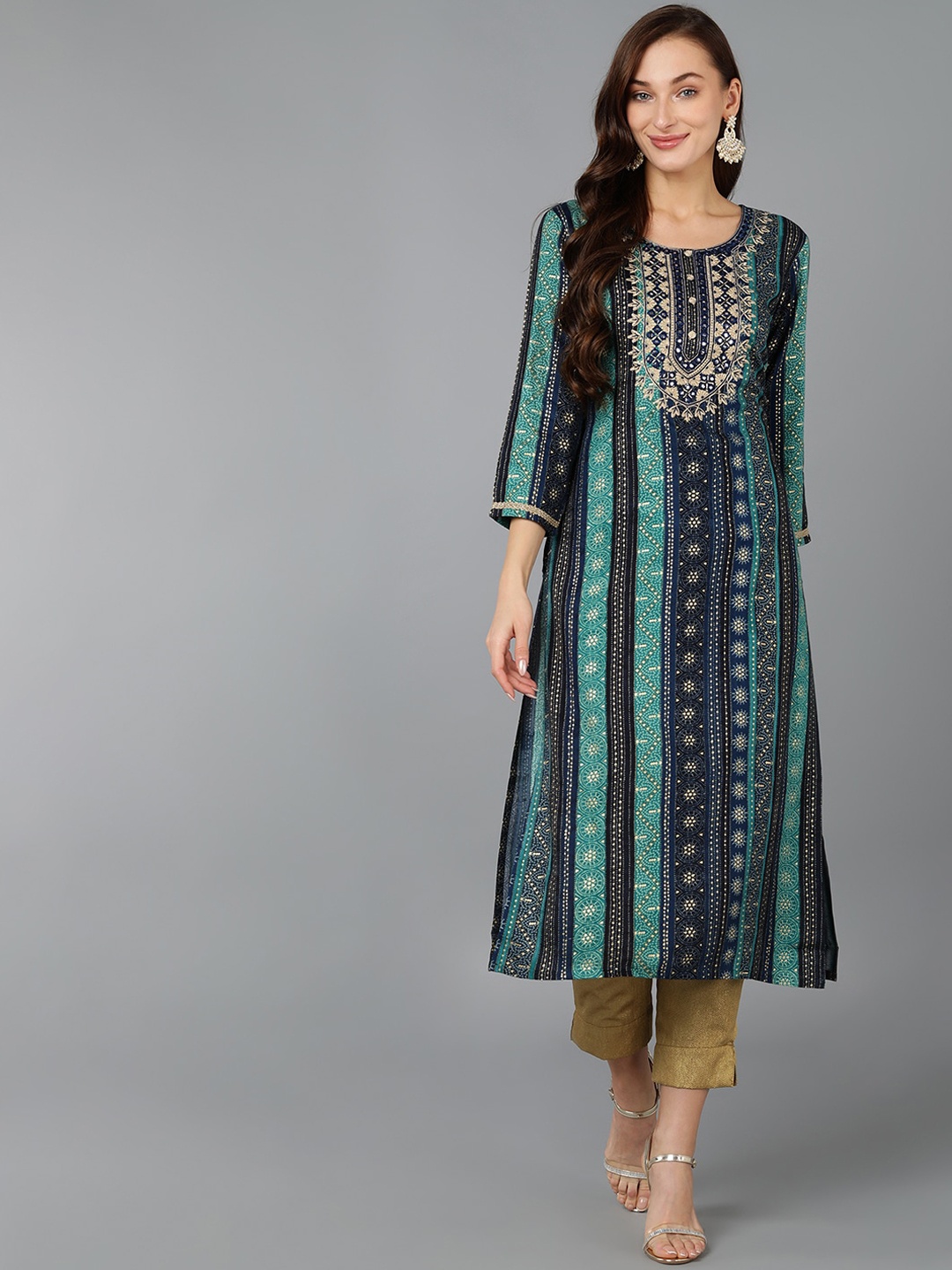 

AHIKA Ethnic Motifs Printed Thread Work Kurta, Navy blue