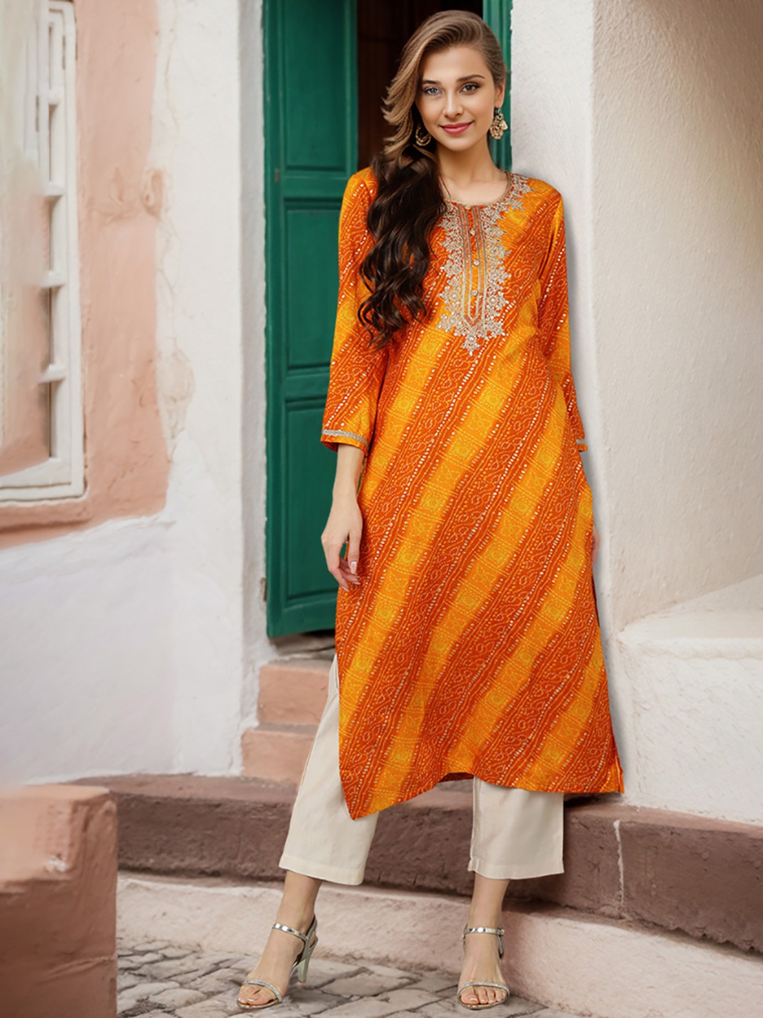 

AHIKA Bandhani Printed Thread Work Kurta, Orange