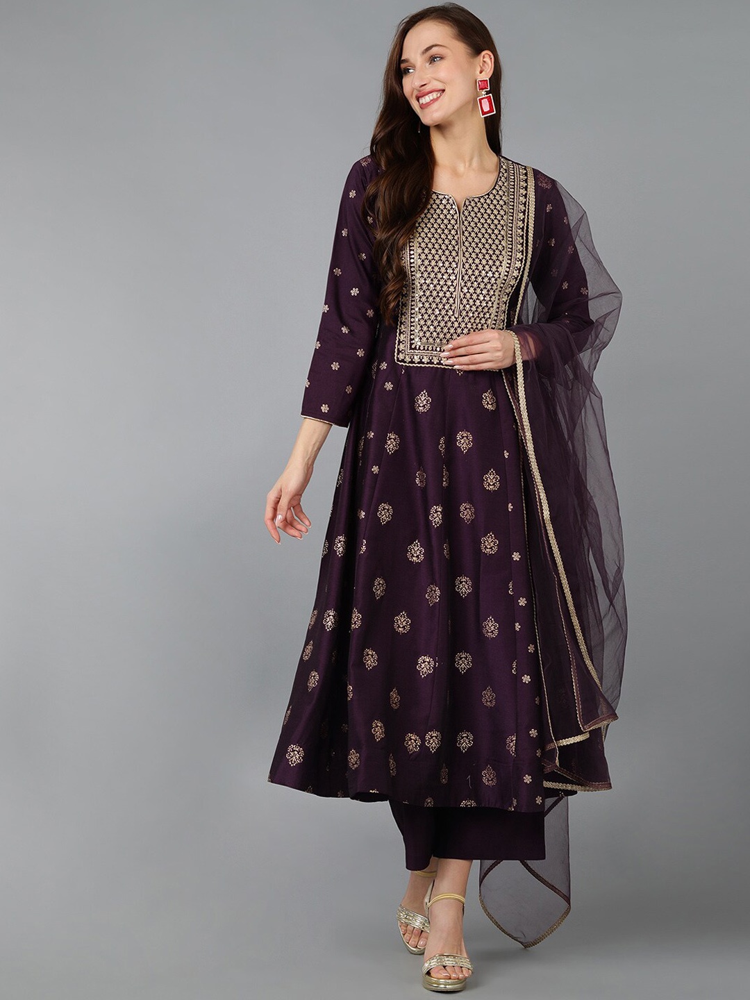 

AHIKA Floral Printed Sequinned Kurta with Palazzos & Dupatta, Purple