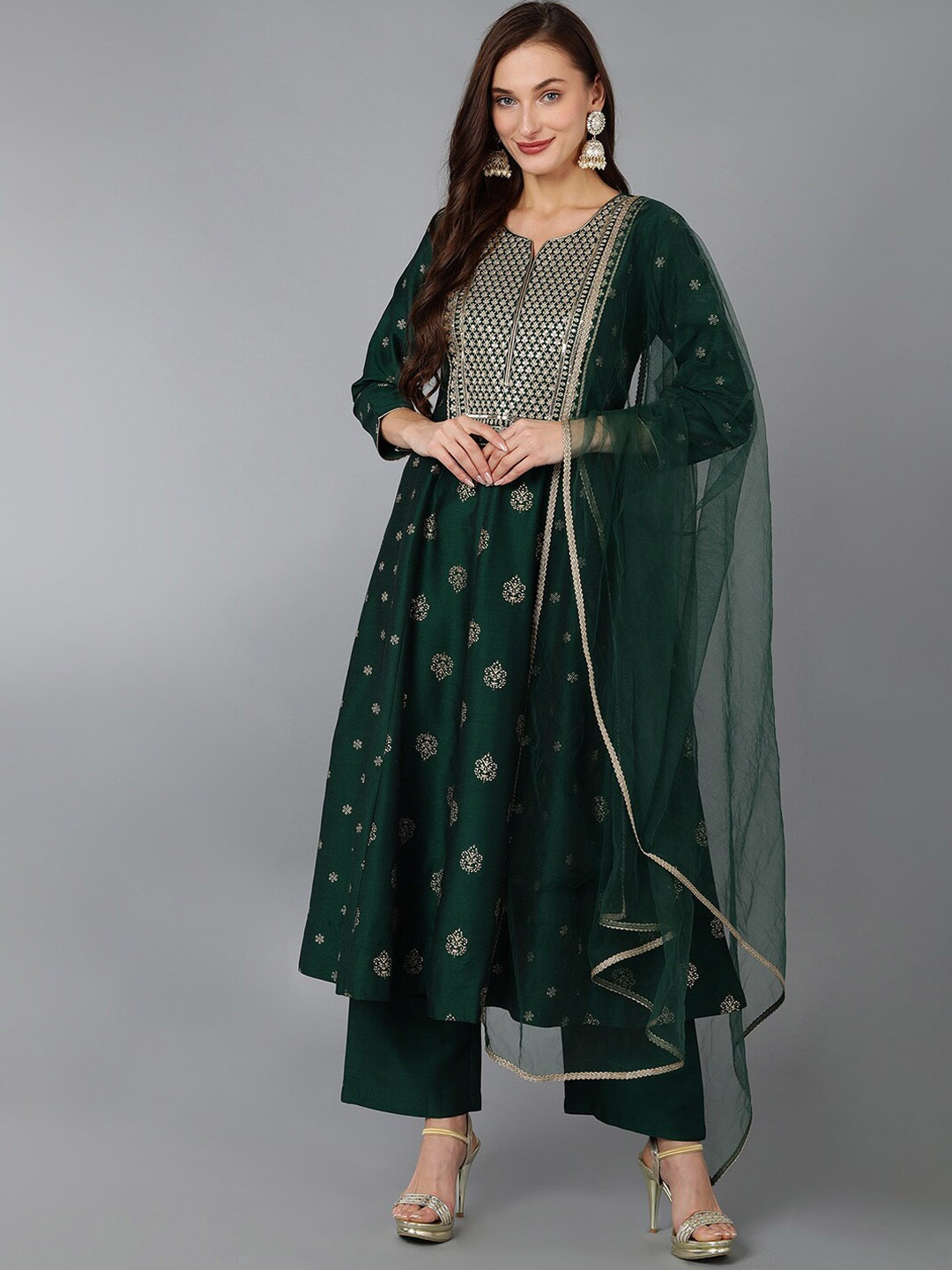 

AHIKA Ethnic Motifs Embroidered Kurta with Palazzos & Dupatta, Green