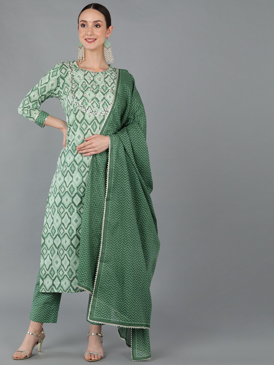 

AHIKA Women Printed Gotta Patti Pure Cotton Kurta With Trousers & Dupatta, Green
